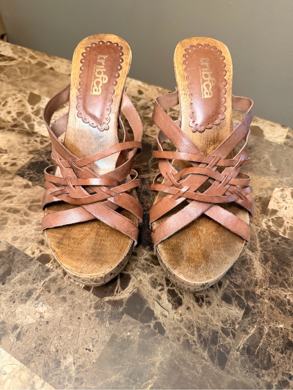 Y2K Tribecca Kenneth Cole Brown Strappy Cork Wedge Platform Sandals